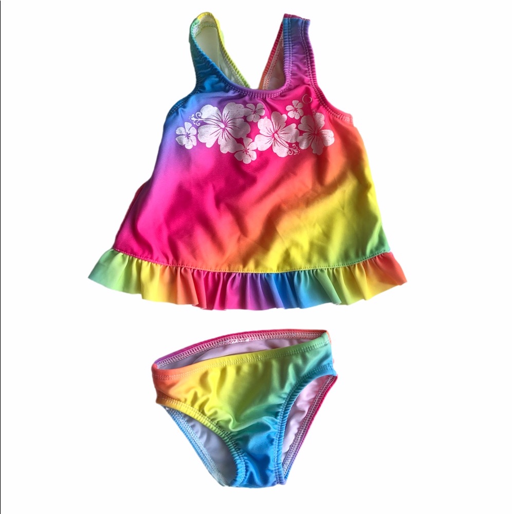 OP Neon Rainbow Swim Suit two piece toddler girl baby 12m colorful ruffle